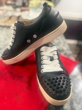 Christian Louboutin Black and Red Leather Sneaker with White Laces